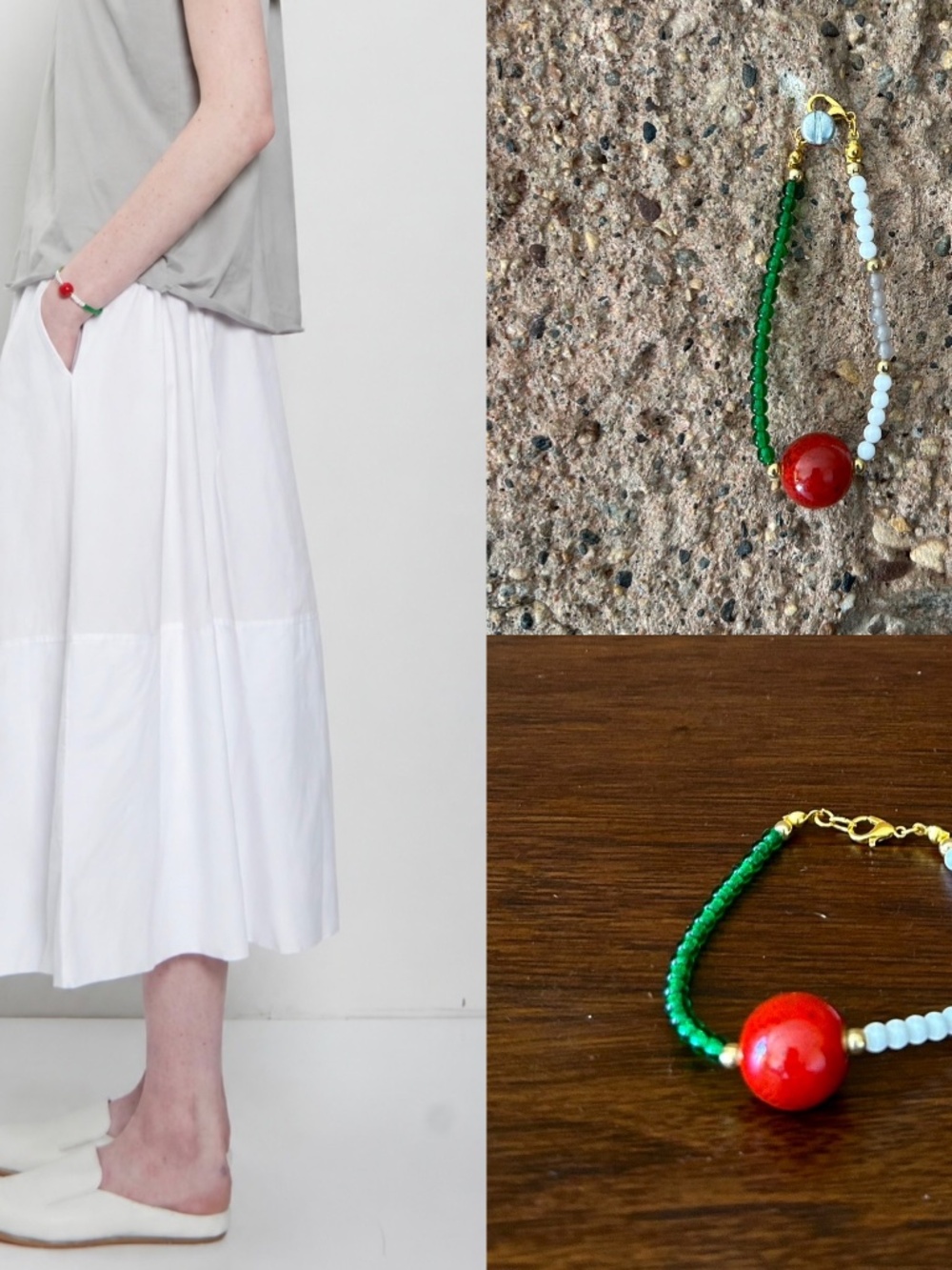 Handmade Color Block Beaded Bracelet – Red Green White & Grey